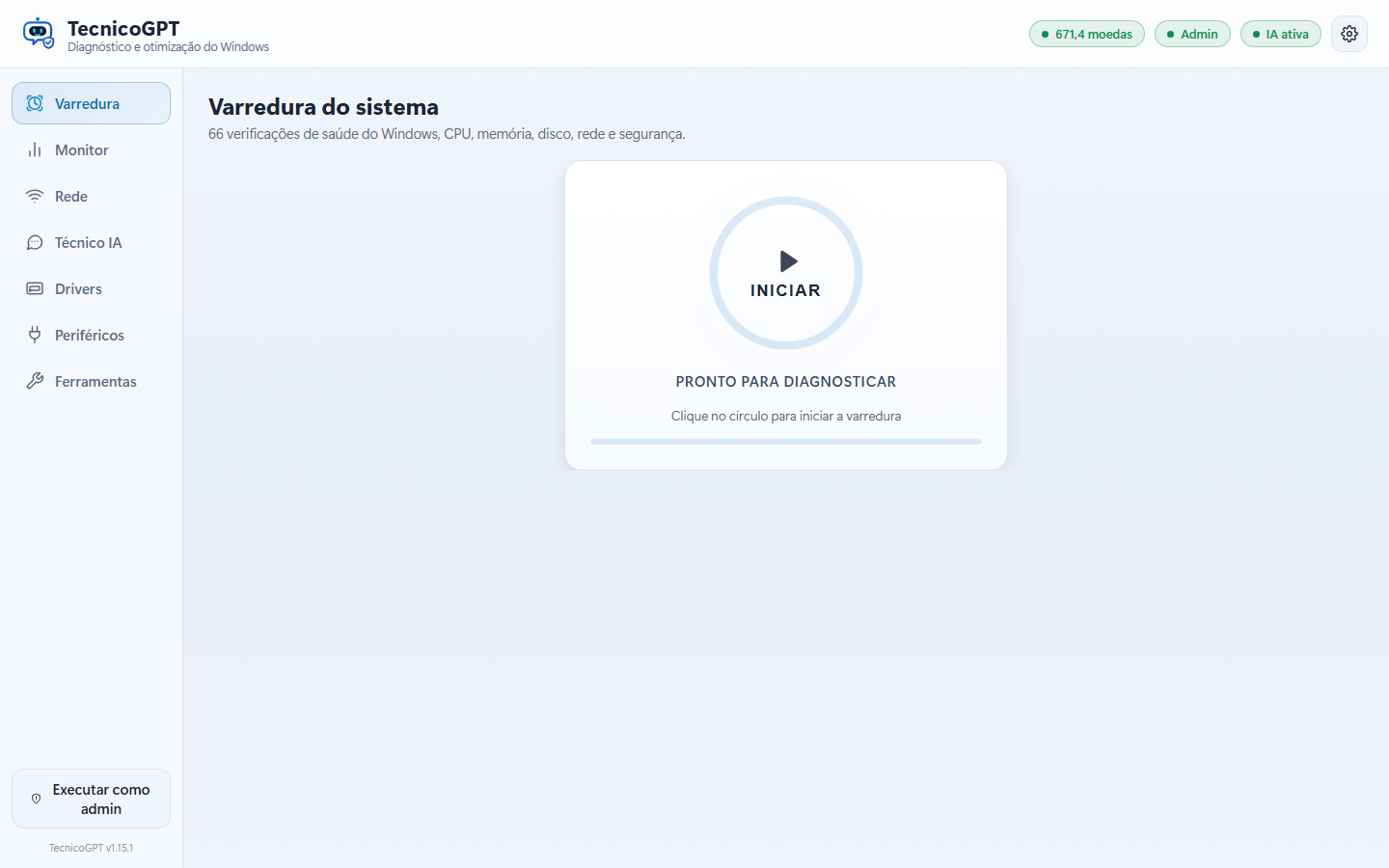 Tela de varredura do sistema com 66 verificações